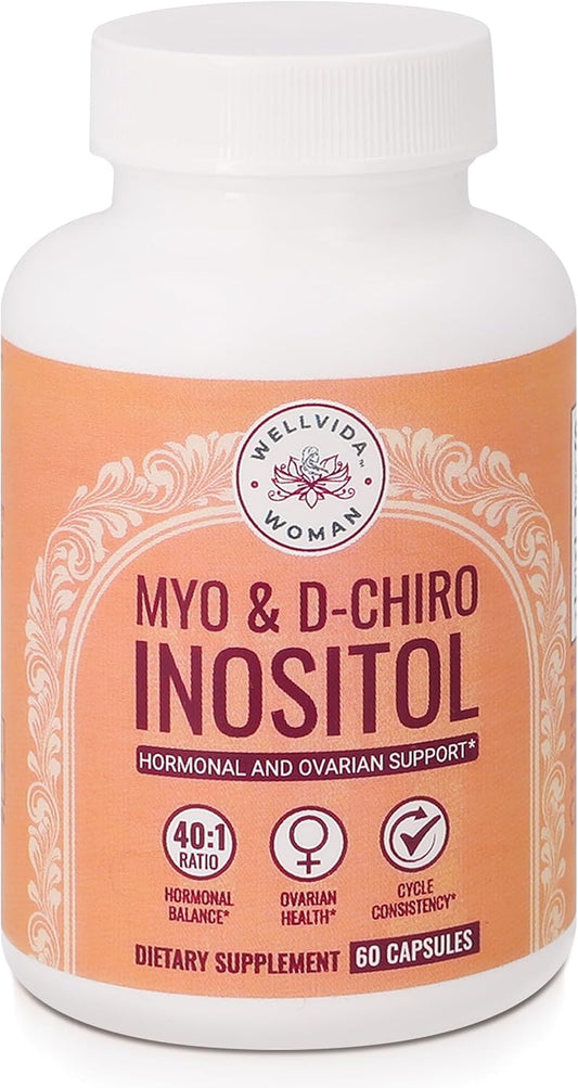 Myo-Inositol & D-Chiro Inositol Supplement for Ovarian Support - 60 Capsules, 1000mg Myo-Inositol & 25mg D-Chiro Inositol Capsules with Caronositol - Women's Daily Inositol Support