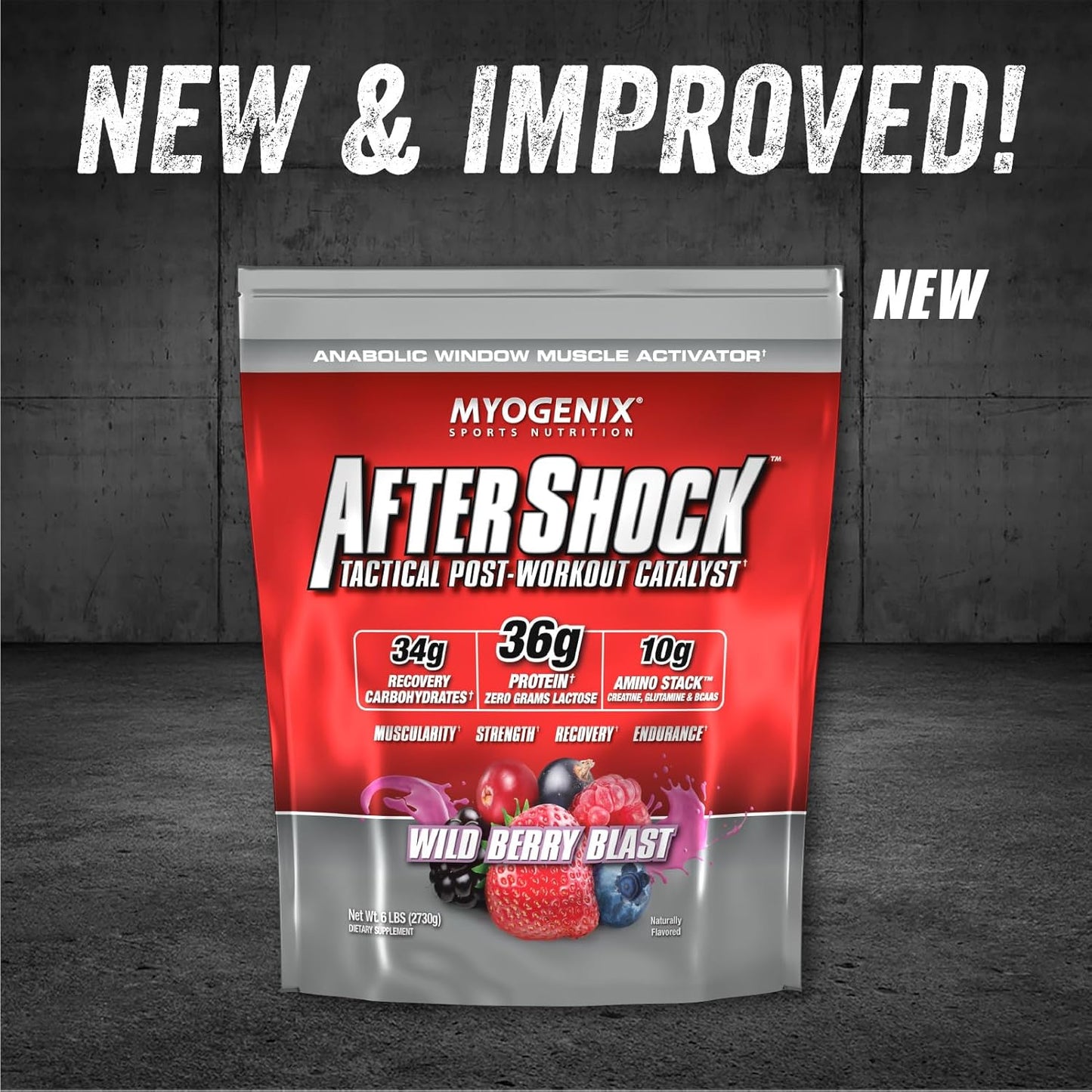 Myogenix Aftershock Post Workout Protein Powder for Muscle Growth and Recovery - Anabolic Whey Protein with Mass Building Carbs, Amino Stack, Creatine, Glutamine, BCAAs - Wildberry Blast 6 LBS