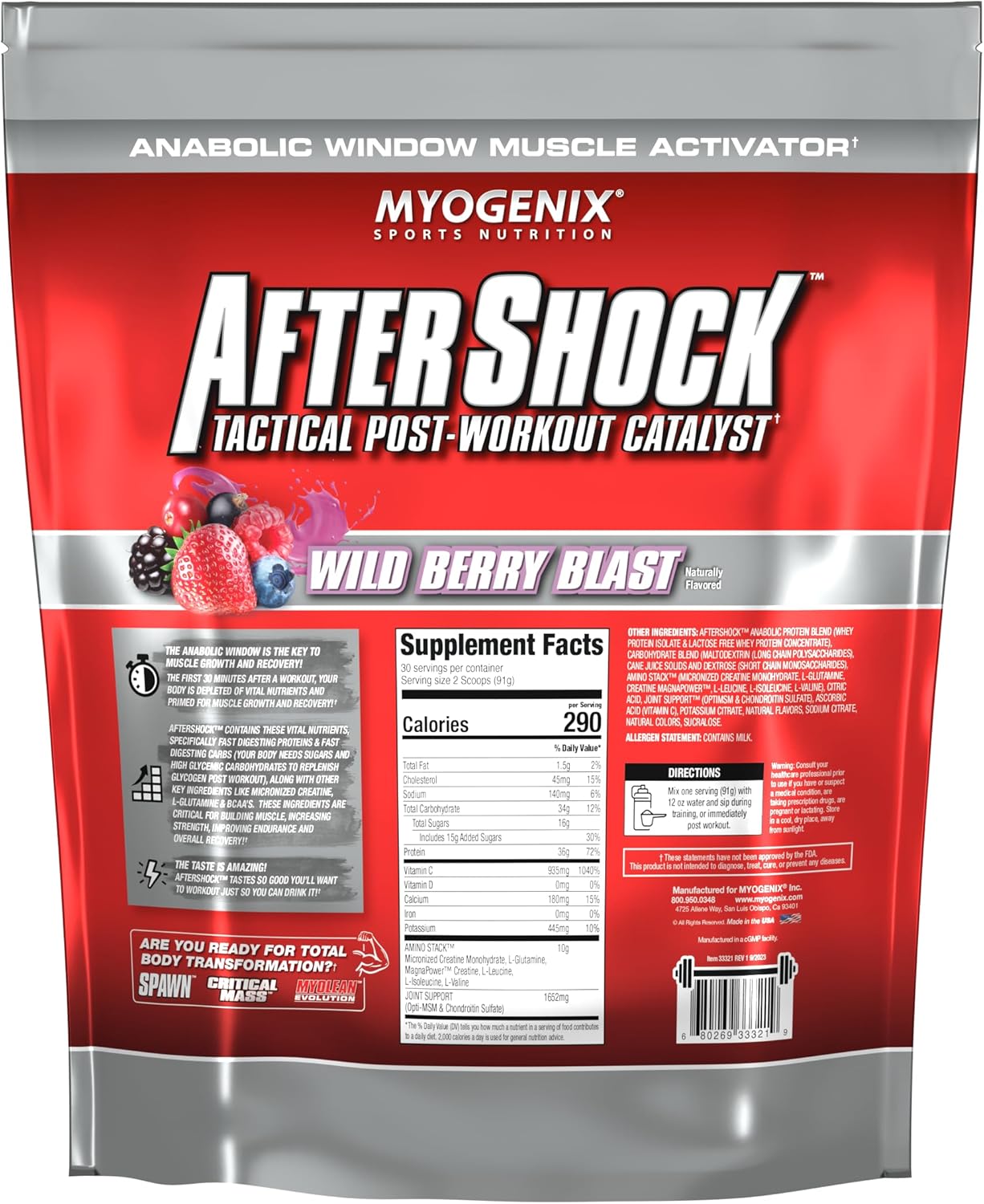 Myogenix Aftershock Post Workout Protein Powder for Muscle Growth and Recovery - Anabolic Whey Protein with Mass Building Carbs, Amino Stack, Creatine, Glutamine, BCAAs - Wildberry Blast 6 LBS