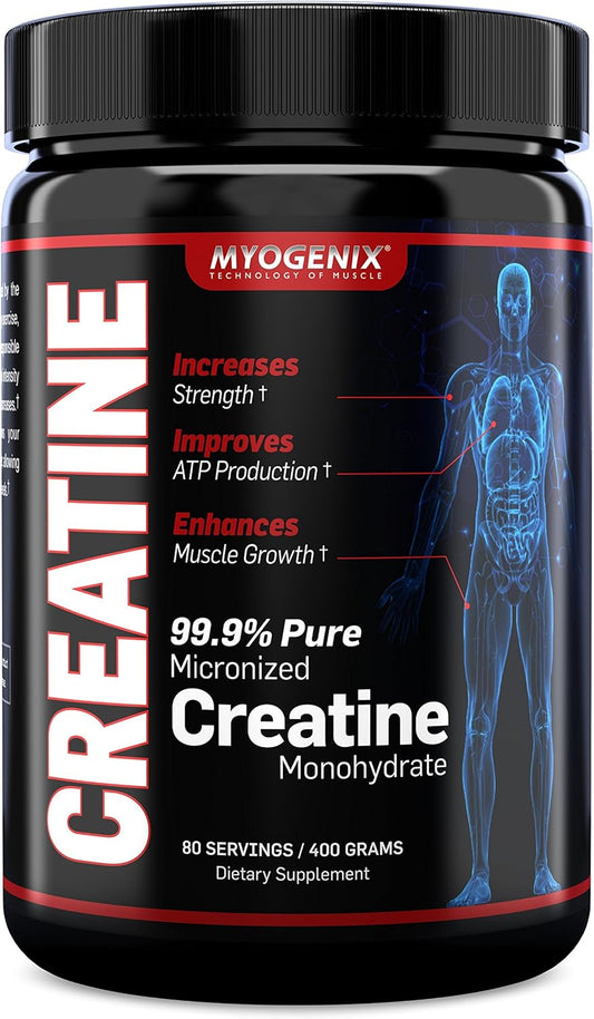 Myogenix Creatine Monohydrate Powder - Pure Supplement for Muscle Growth, Strength, and ATP Production - 80 Servings/400G