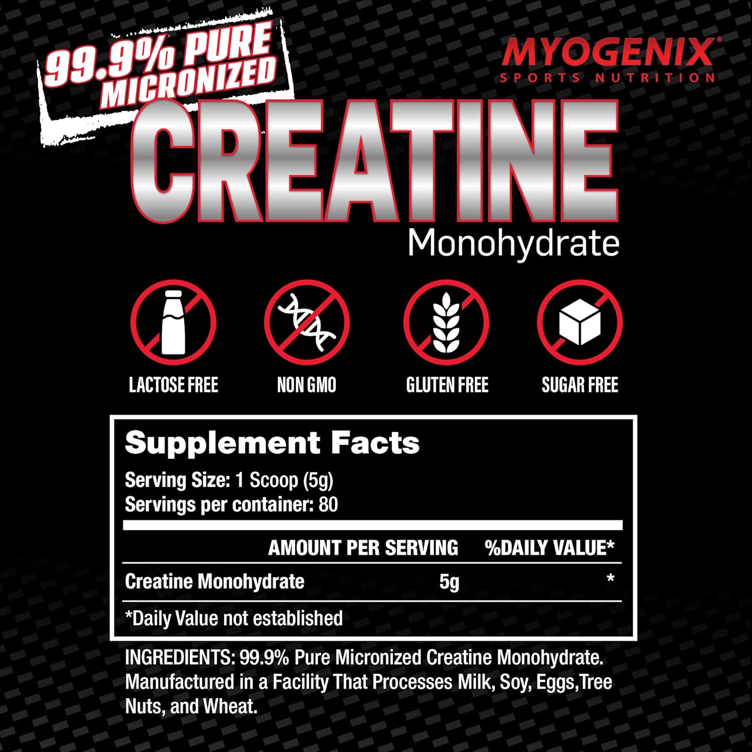 Myogenix Creatine Monohydrate Powder - Pure Supplement for Muscle Growth, Strength, and ATP Production - 80 Servings/400G