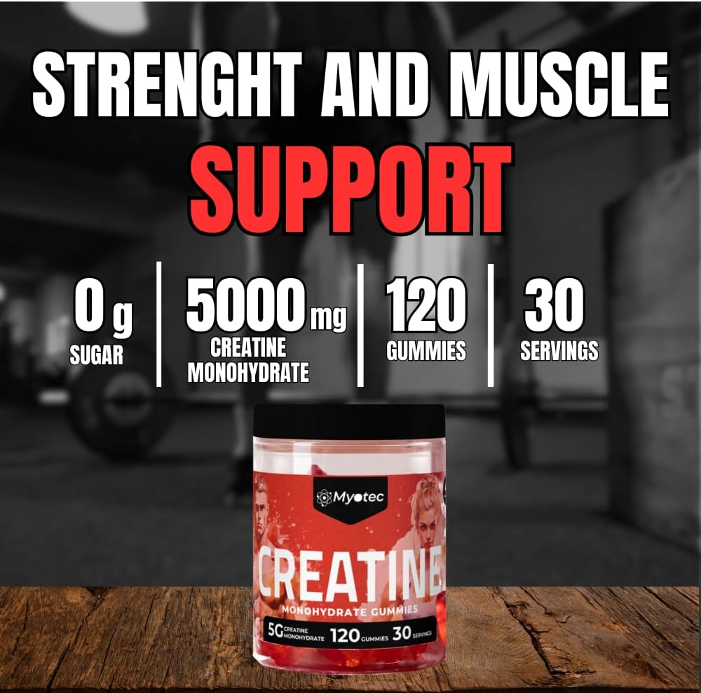 MYOTEC Creatine Monohydrate Gummies - 5g per Serving - Boost Strength & Muscle - Sugar-Free - 120 Count for Men & Women