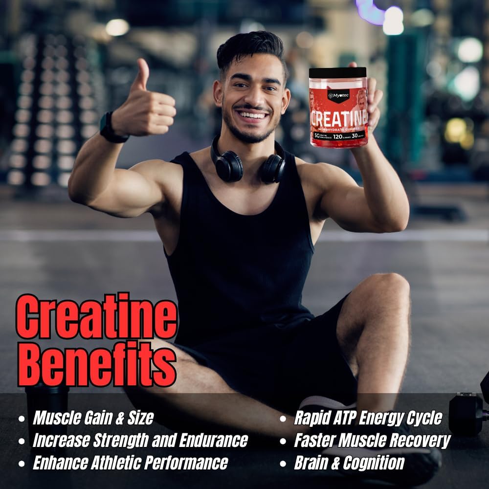 MYOTEC Creatine Monohydrate Gummies - 5g per Serving - Boost Strength & Muscle - Sugar-Free - 120 Count for Men & Women