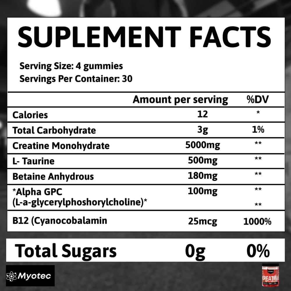 MYOTEC Creatine Monohydrate Gummies - 5g per Serving - Boost Strength & Muscle - Sugar-Free - 120 Count for Men & Women