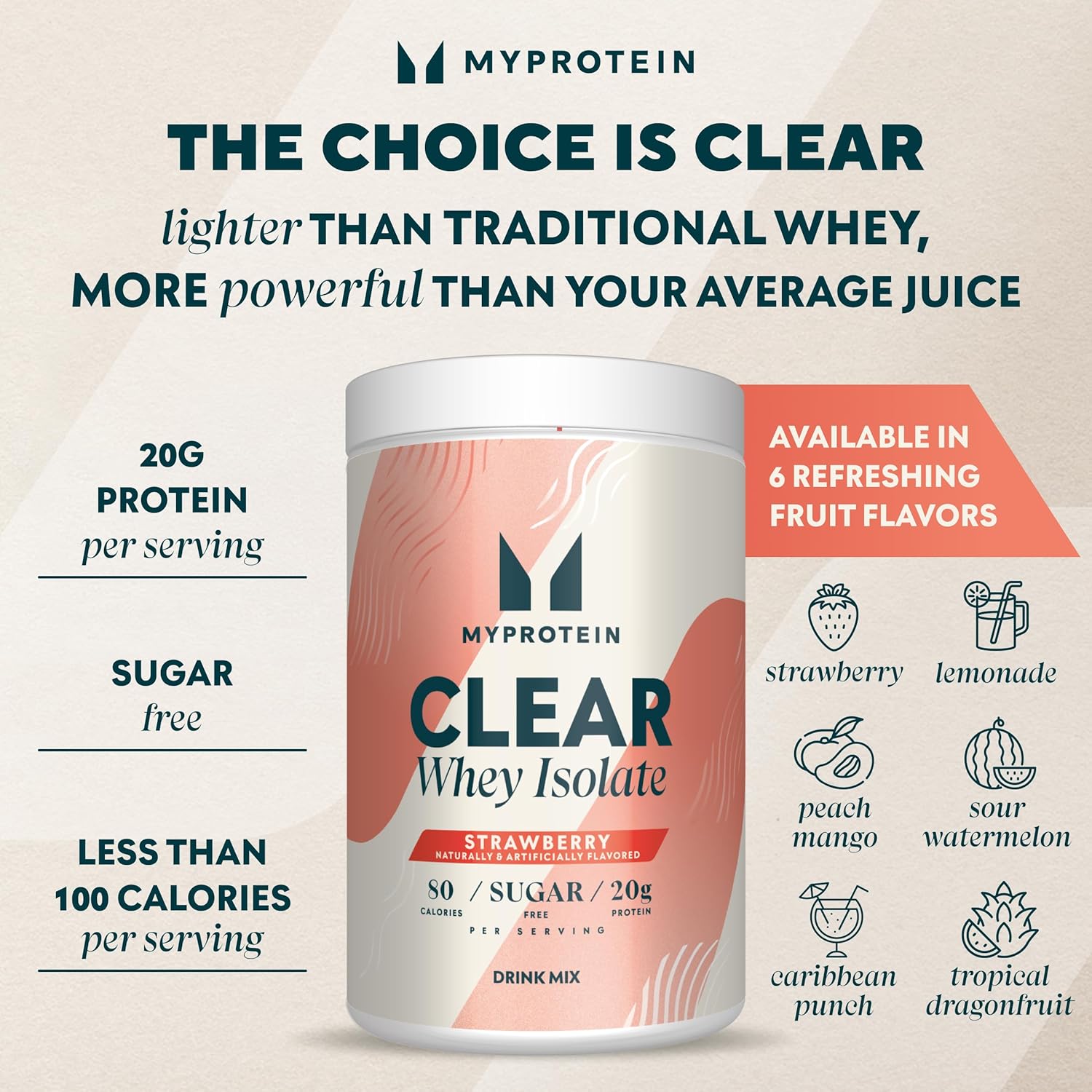 Myprotein Clear Whey Isolate Strawberry Protein Powder - 1.1 Lb (20 Servings) - 20g Protein per Serving - Naturally Flavored Drink Mix