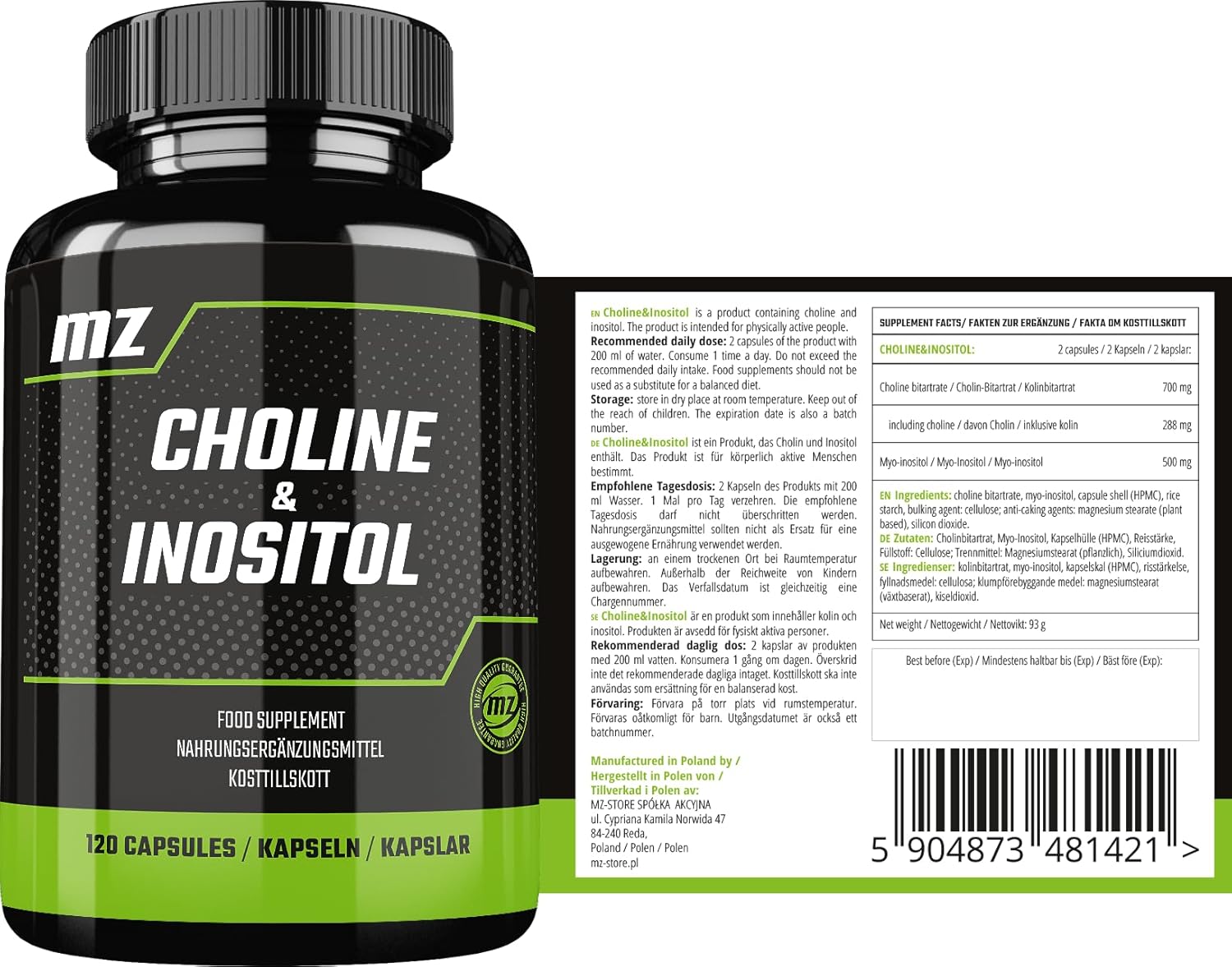 MZ Choline and Inositol 1200 mg - 120 Capsules - 2 Months Supply - Mind Clarity and Relaxation Support