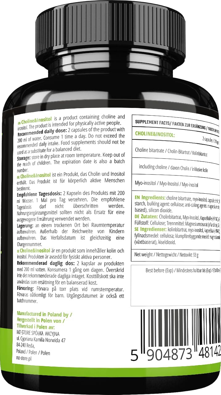 MZ Choline and Inositol 1200 mg - 120 Capsules - 2 Months Supply - Mind Clarity and Relaxation Support