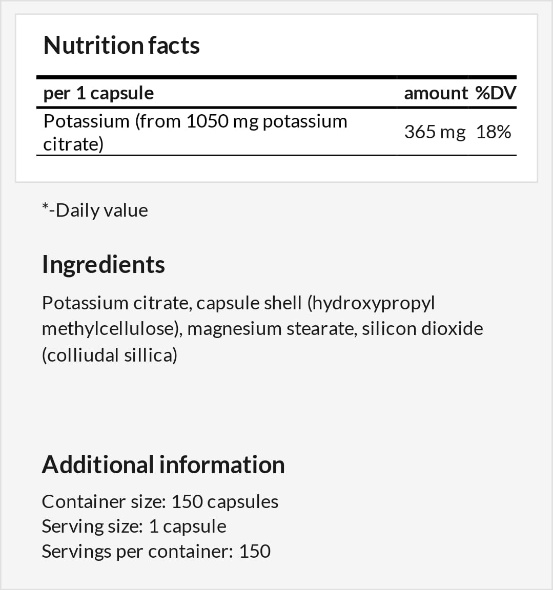 MZ Organic Potassium Citrate Supplement - 150 Vegan Capsules - Maintain Blood Pressure & Muscle Function - 5 Month Supply