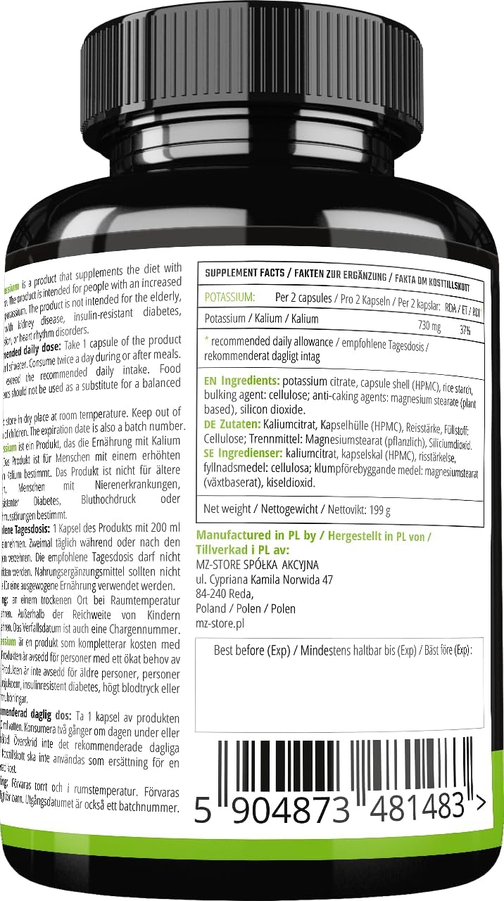 MZ Organic Potassium Citrate Supplement - 150 Vegan Capsules - Maintain Blood Pressure & Muscle Function - 5 Month Supply