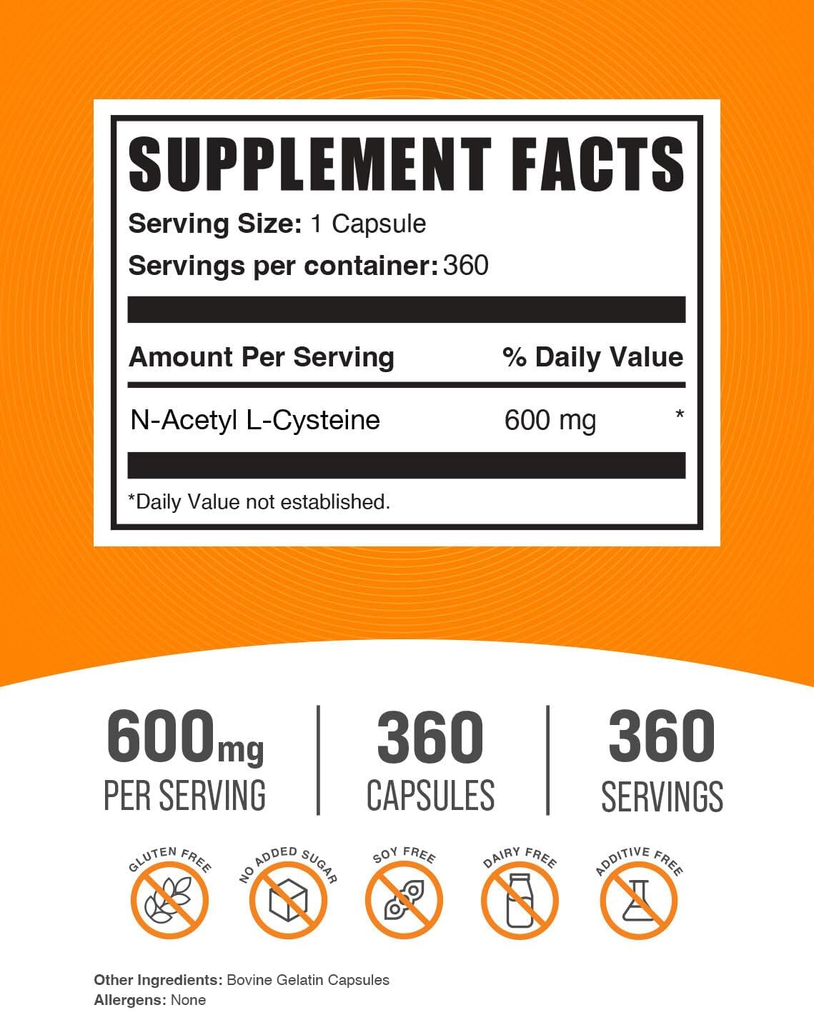 N-Acetyl Cysteine Capsules 600mg - Gluten Free NAC Supplement - 360 Capsules, 1 Capsule per Serving