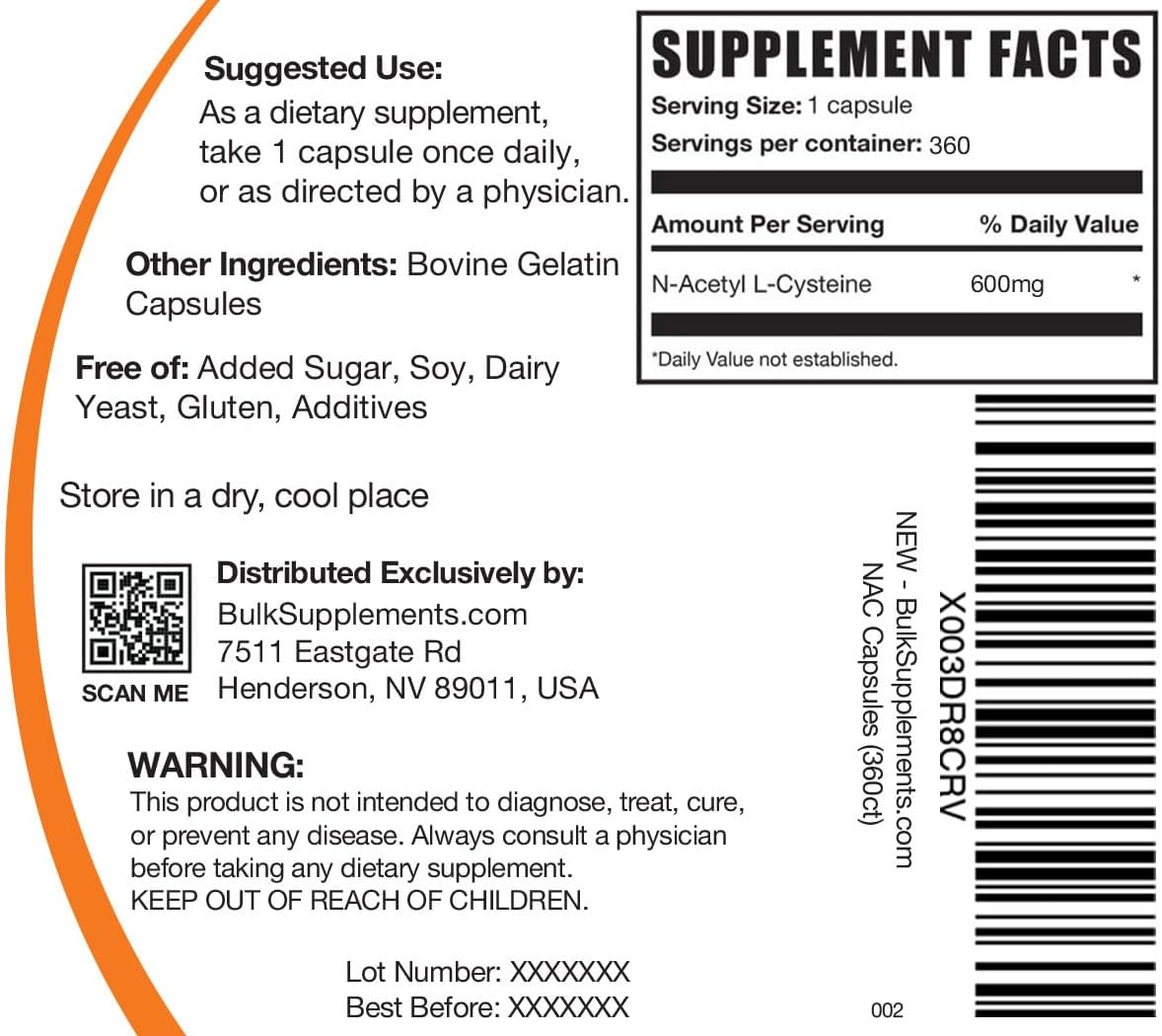 N-Acetyl Cysteine Capsules 600mg - Gluten Free NAC Supplement - 360 Capsules, 1 Capsule per Serving