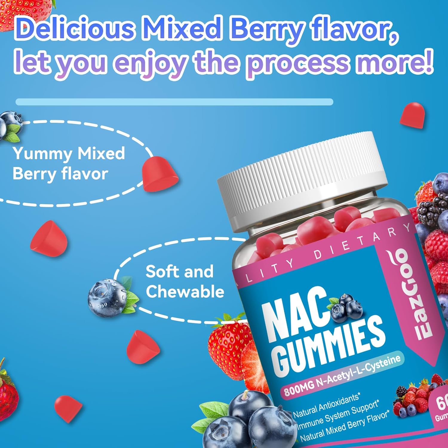 N-Acetyl Cysteine Gummies 800mg - Immune System & Antioxidant Support - Non-GMO, Gluten Free, Vegan - 60 Count