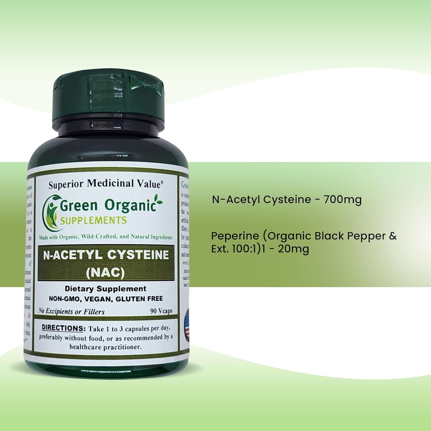 N-Acetyl Cysteine (NAC) 90 VCaps - High Absorbable, Non-GMO, Gluten-Free - Supports Immune System & Health - Green Organic Supplements