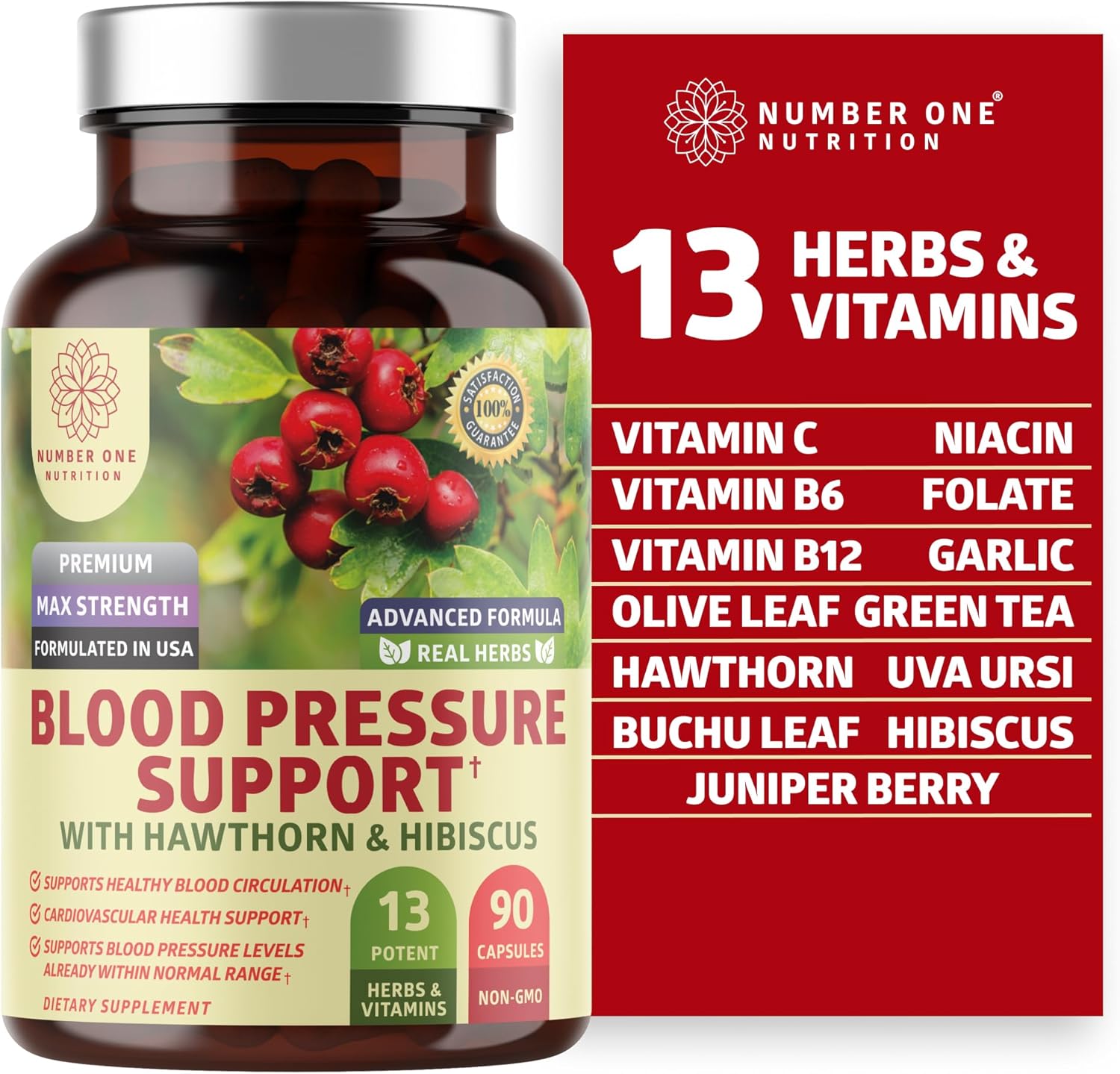 N1N Premium Blood Pressure Support Supplement with 13 Potent Ingredients - Natural Hawthorn and Hibiscus Blend for Healthy Blood Flow - 90 Capsules