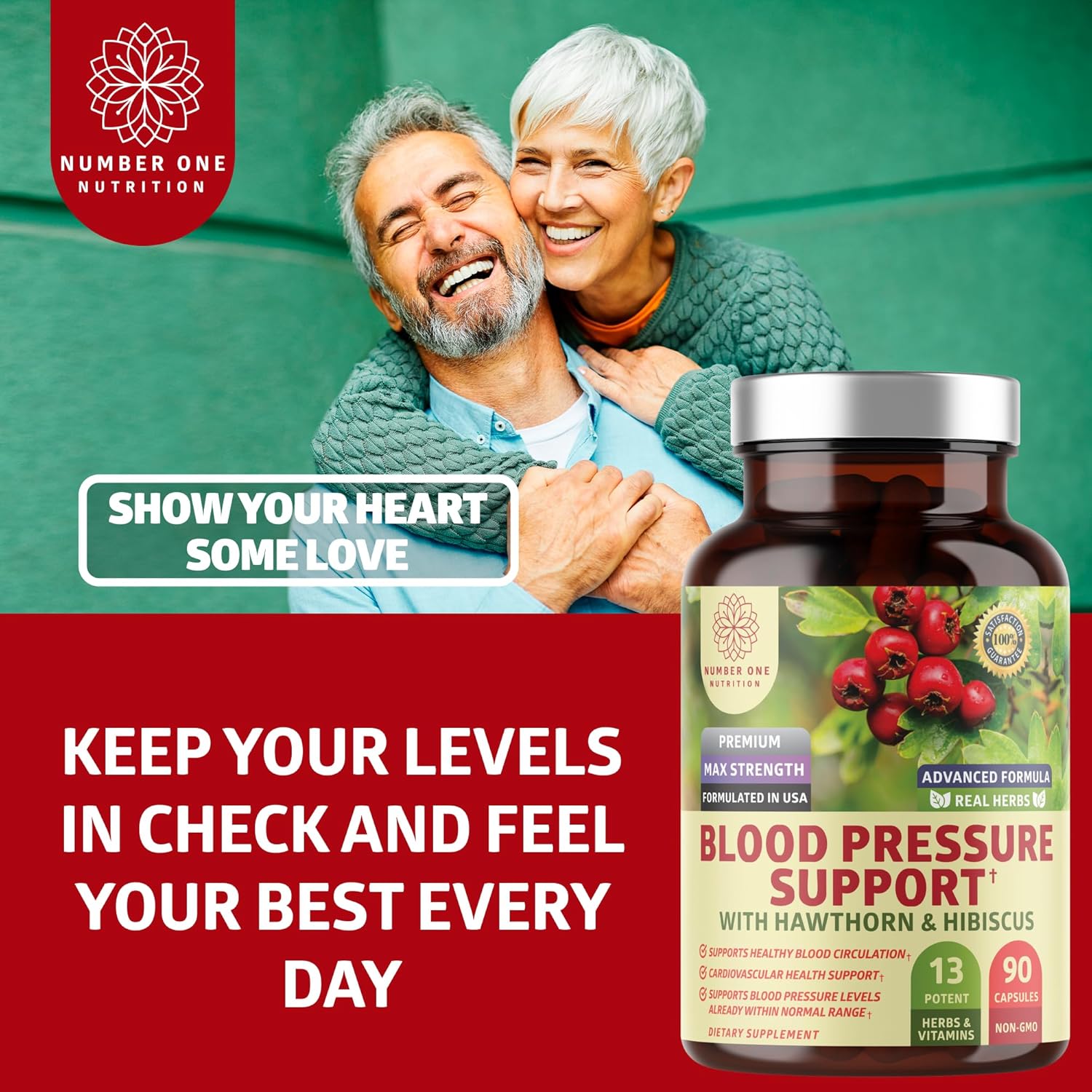 N1N Premium Blood Pressure Support Supplement with 13 Potent Ingredients - Natural Hawthorn and Hibiscus Blend for Healthy Blood Flow - 90 Capsules