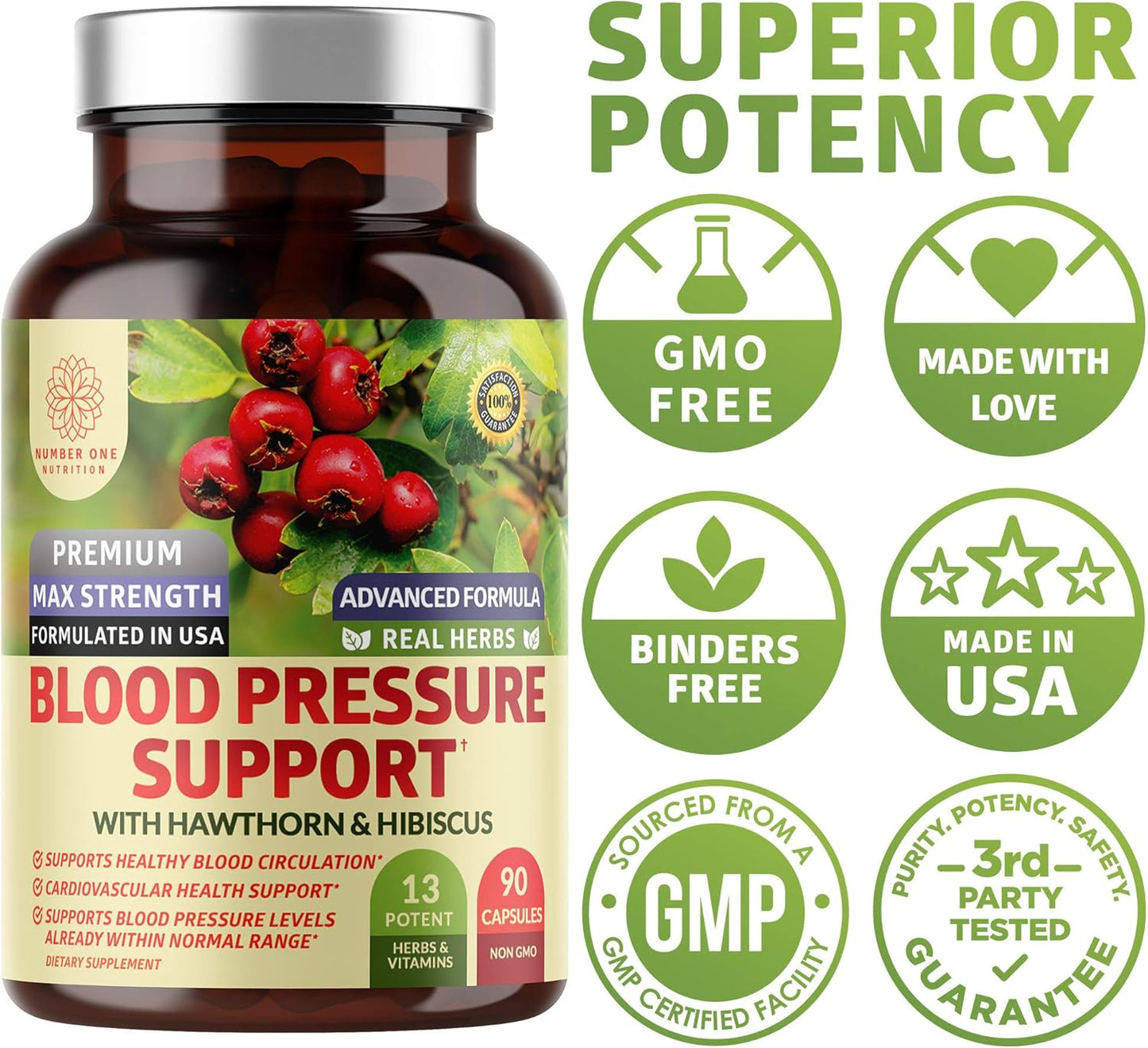 N1N Premium Blood Pressure Support Supplement with 13 Potent Ingredients - Natural Hawthorn and Hibiscus Blend for Healthy Blood Flow - 90 Capsules
