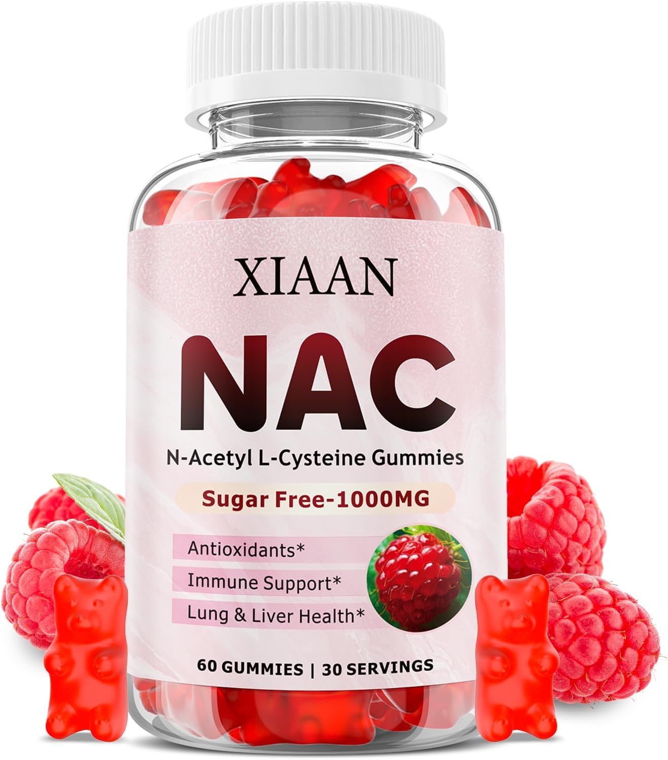 NAC Gummies 1000mg for Kids & Adults - Antioxidant & Immune Support Supplement - Raspberry Flavor - 60 Count