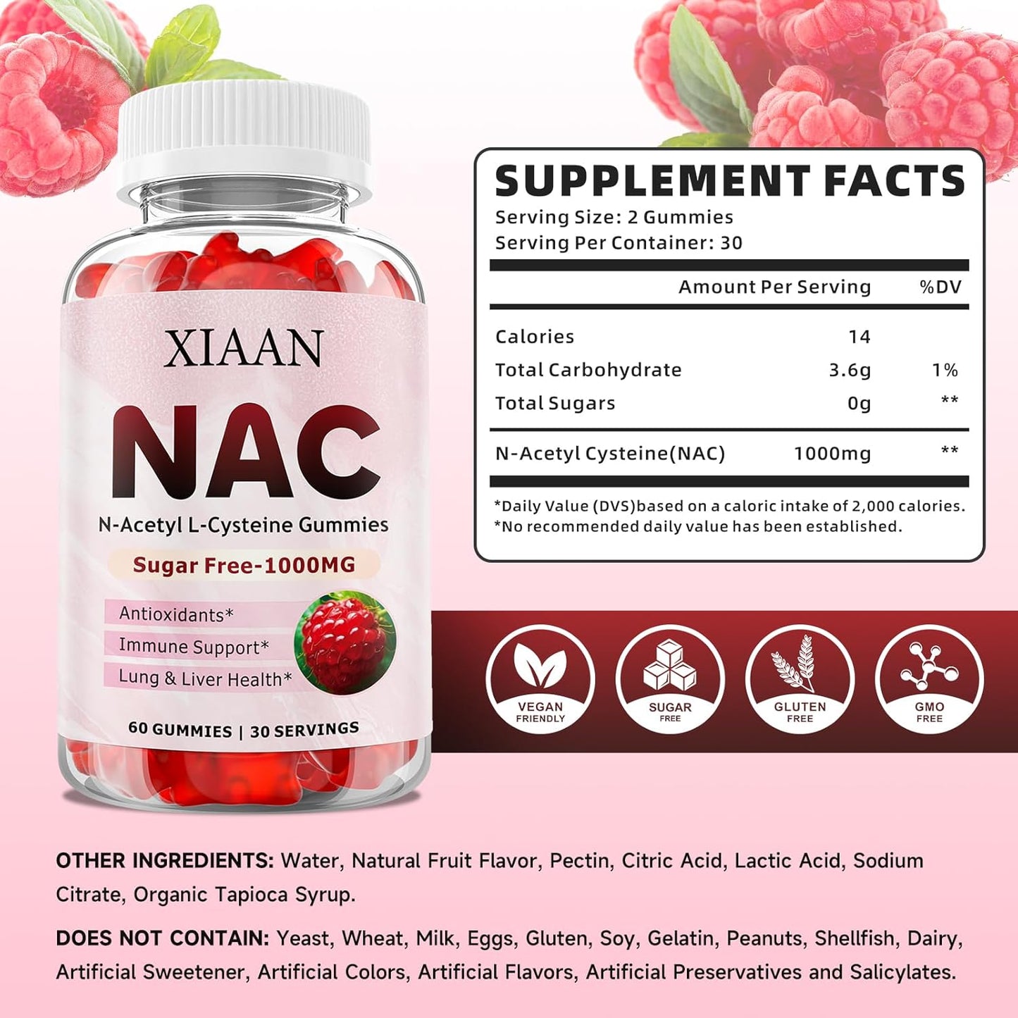 NAC Gummies 1000mg for Kids & Adults - Antioxidant & Immune Support Supplement - Raspberry Flavor - 60 Count