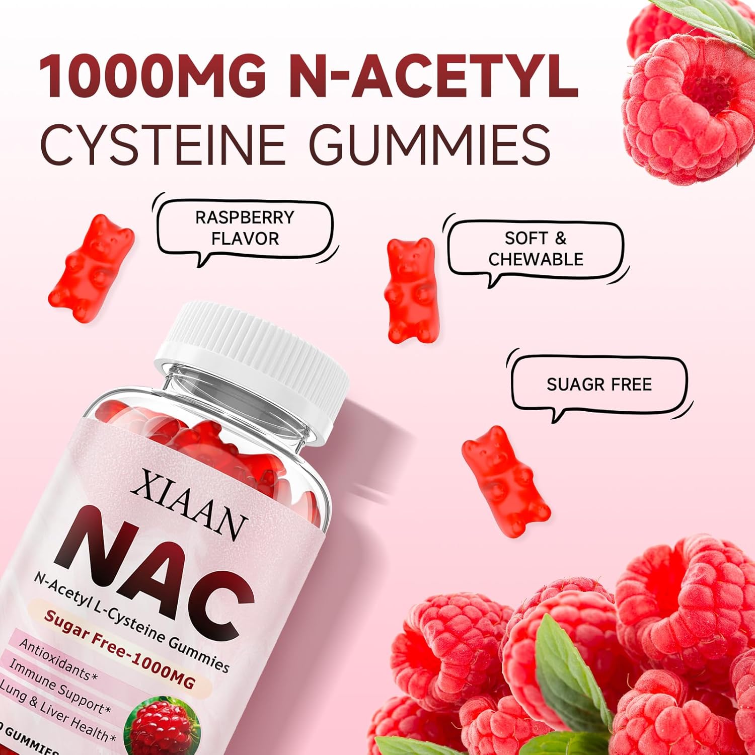 NAC Gummies 1000mg for Kids & Adults - Antioxidant & Immune Support Supplement - Raspberry Flavor - 60 Count