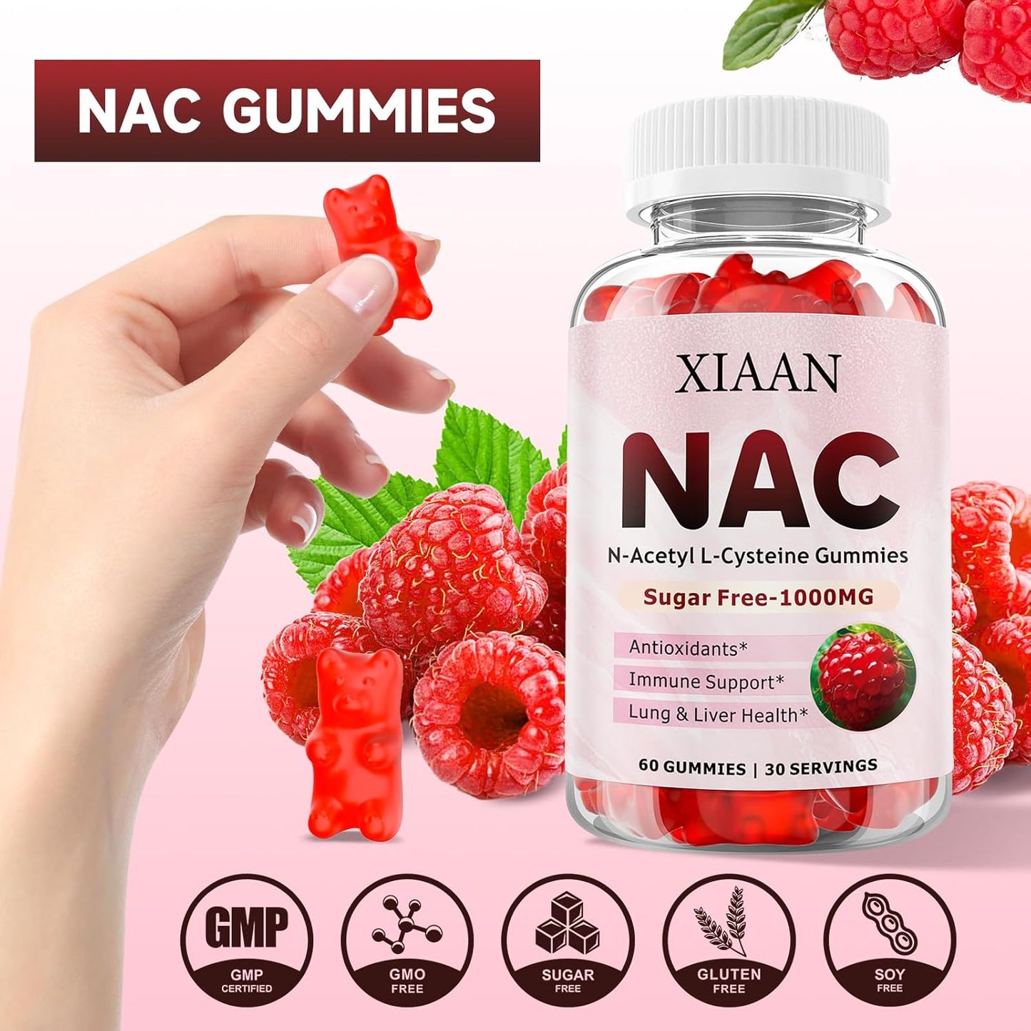 NAC Gummies 1000mg for Kids & Adults - Antioxidant & Immune Support Supplement - Raspberry Flavor - 60 Count