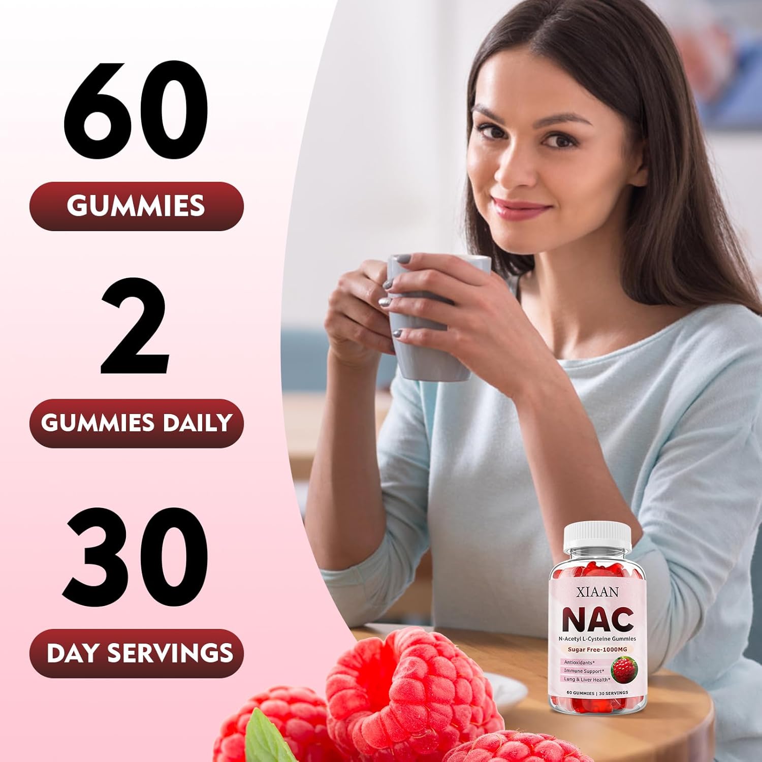 NAC Gummies 1000mg for Kids & Adults - Antioxidant & Immune Support Supplement - Raspberry Flavor - 60 Count