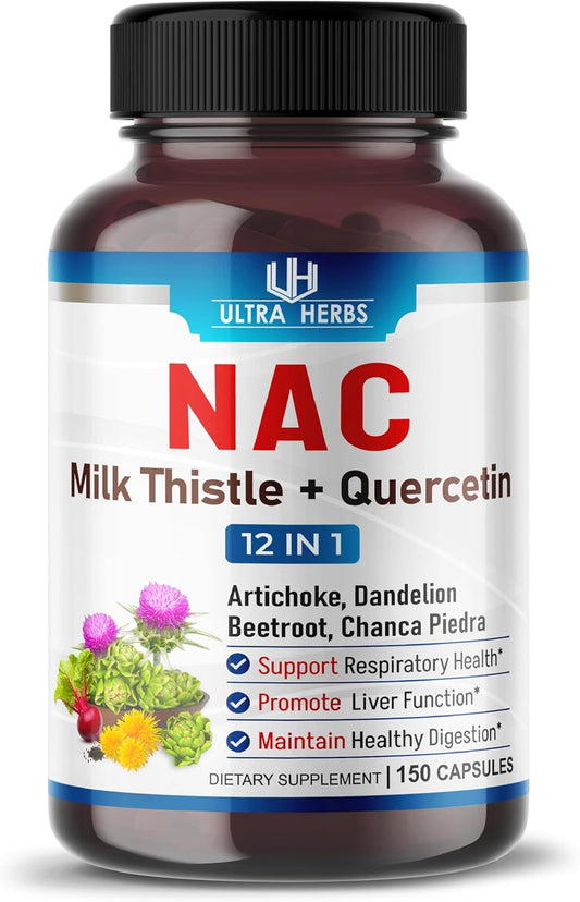NAC Supplement with Milk Thistle & Quercetin for Immunity, Respiratory Health, Liver Detox - 150 Capsules