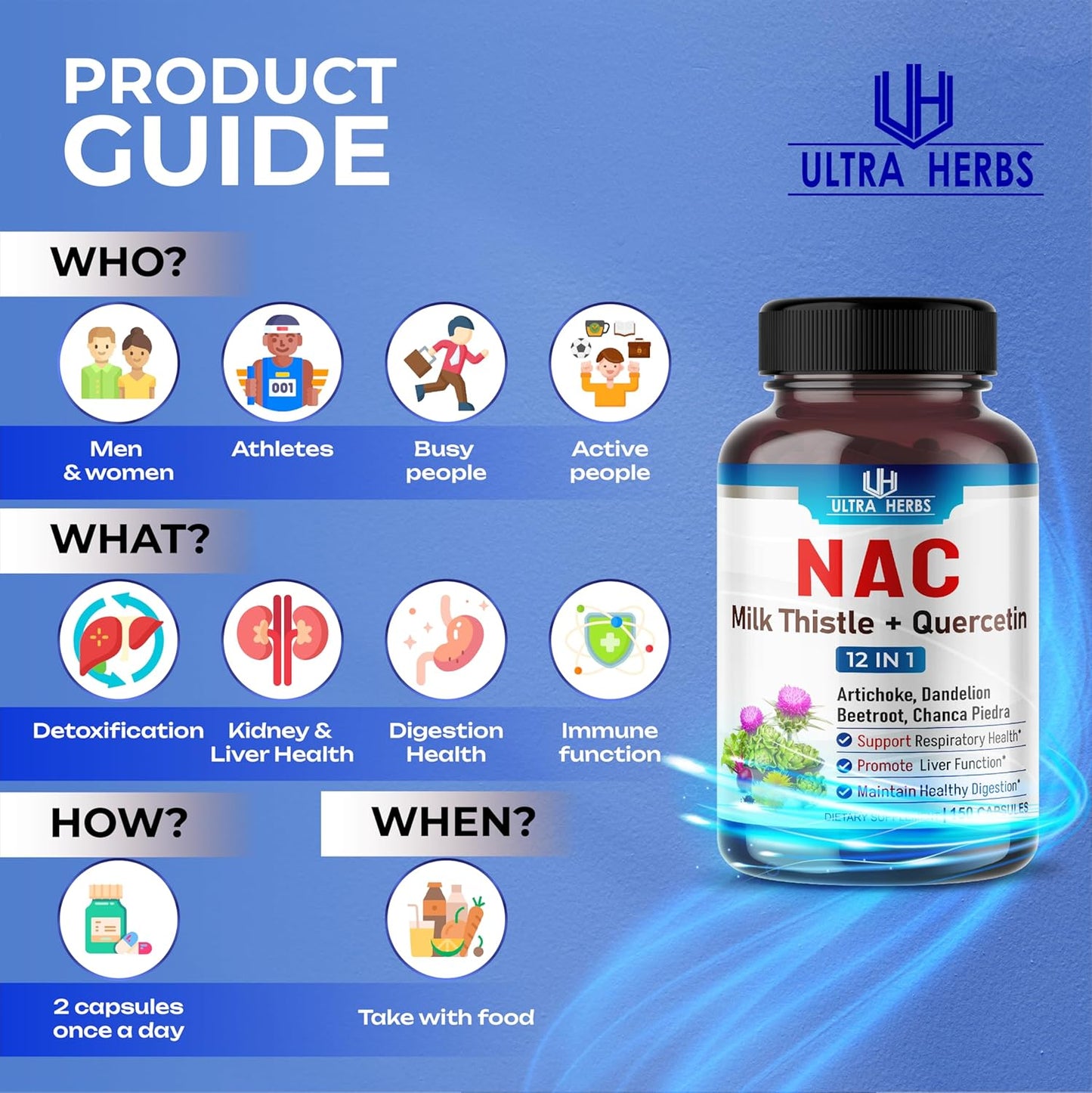 NAC Supplement with Milk Thistle & Quercetin for Immunity, Respiratory Health, Liver Detox - 150 Capsules