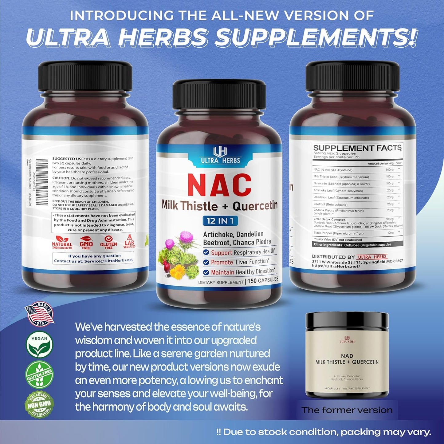 NAC Supplement with Milk Thistle & Quercetin for Immunity, Respiratory Health, Liver Detox - 150 Capsules