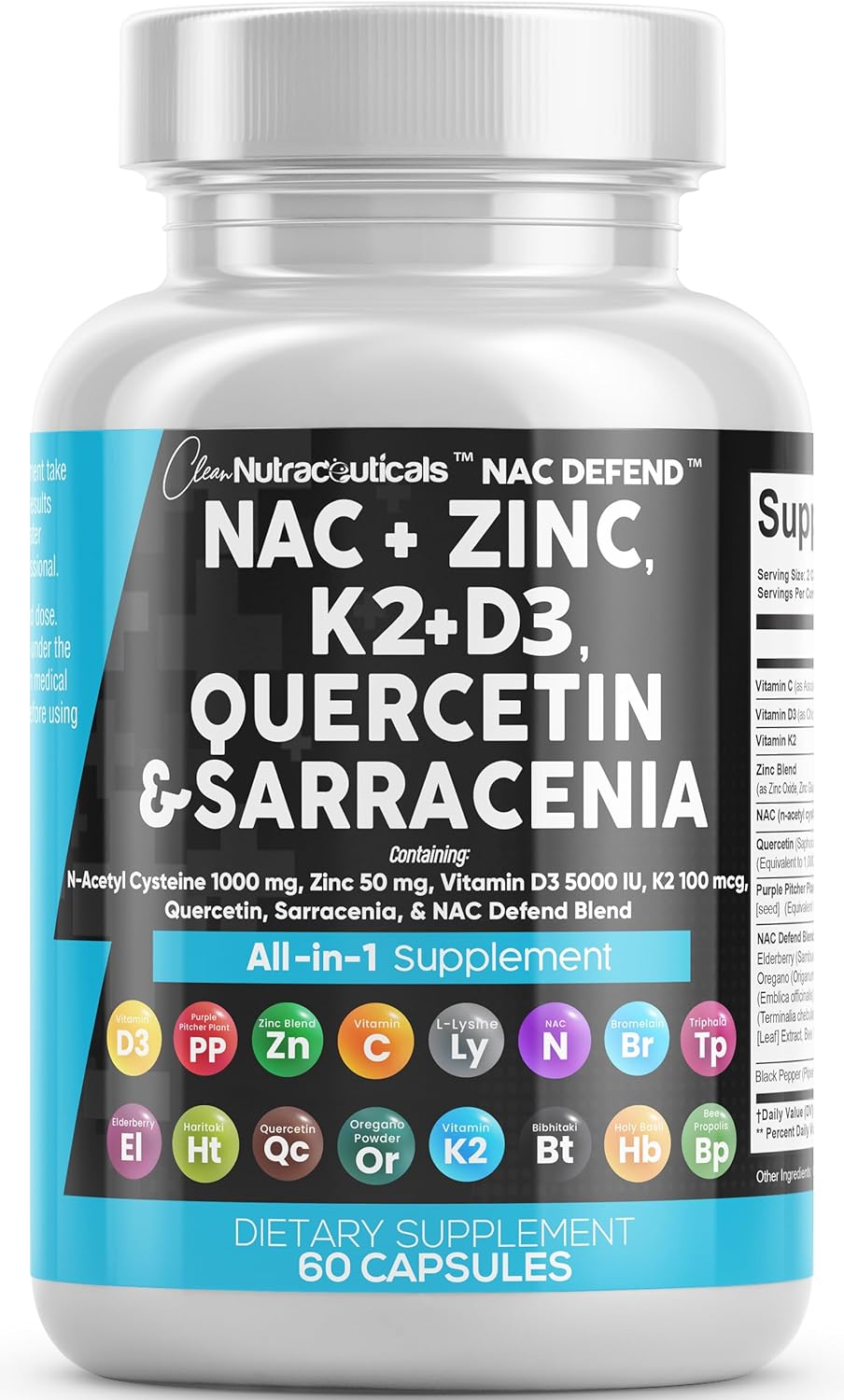 NAC Supplement with Vitamin D3, K2, Zinc, Quercetin, and Elderberry - 60 Count