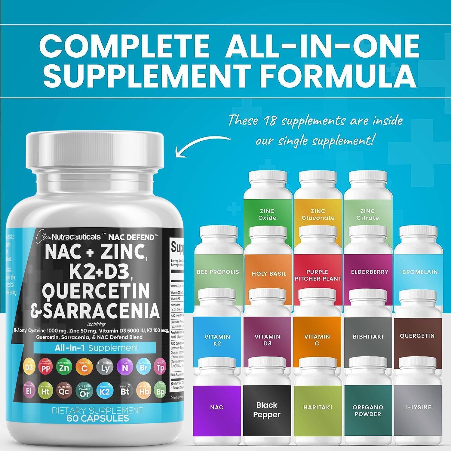 NAC Supplement with Vitamin D3, K2, Zinc, Quercetin, and Elderberry - 60 Count