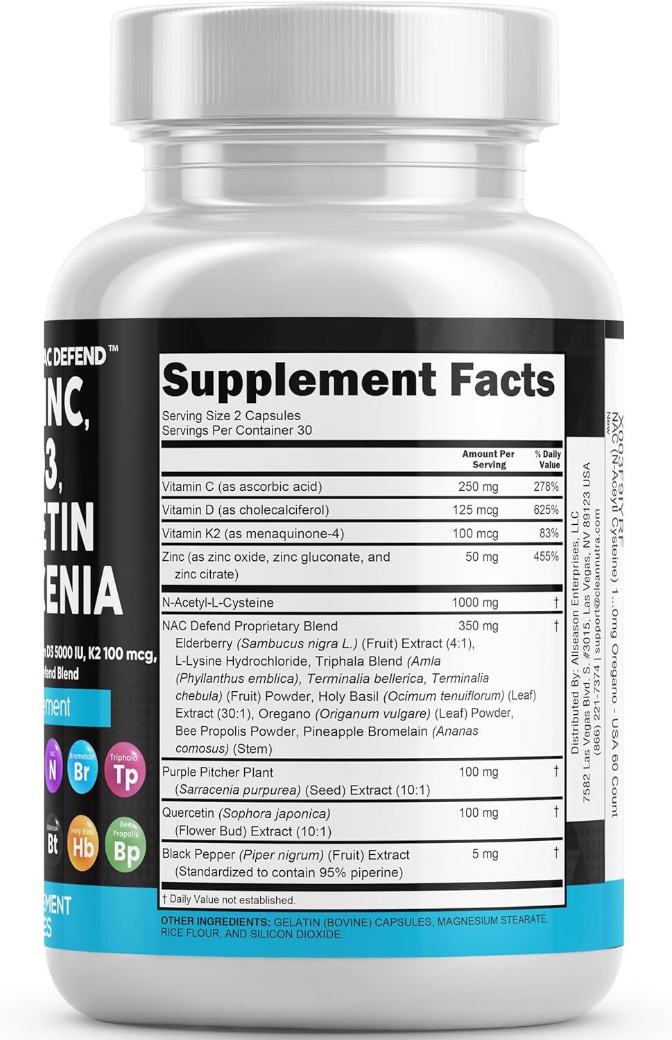 NAC Supplement with Vitamin D3, K2, Zinc, Quercetin, and Elderberry - 60 Count