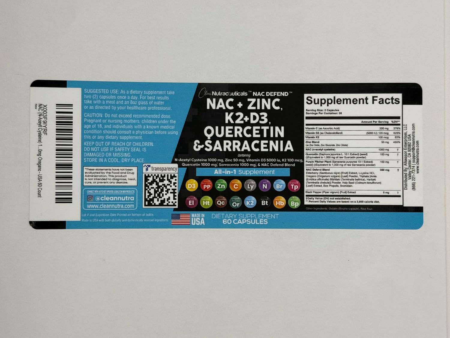 NAC Supplement with Vitamin D3, K2, Zinc, Quercetin, and Elderberry - 60 Count