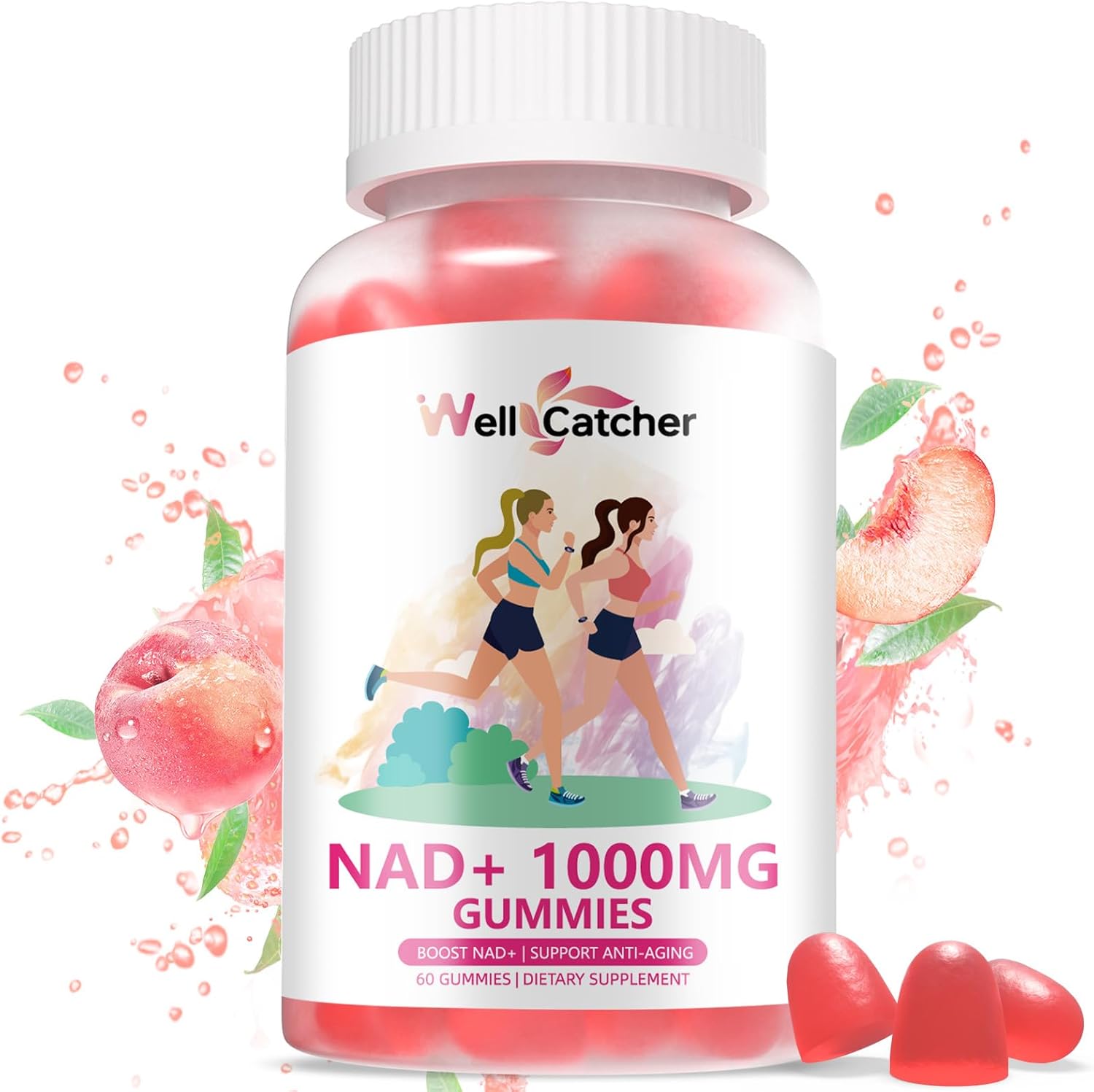 NAD+ Gummies for Women 1000MG - Sugar Free Vitamin B3 Supplement with TMG for Anti-Aging & Energy Boost - Peach Flavor - 60 Count