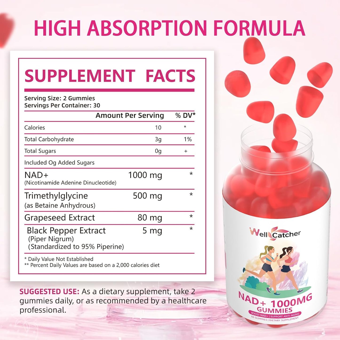 NAD+ Gummies for Women 1000MG - Sugar Free Vitamin B3 Supplement with TMG for Anti-Aging & Energy Boost - Peach Flavor - 60 Count