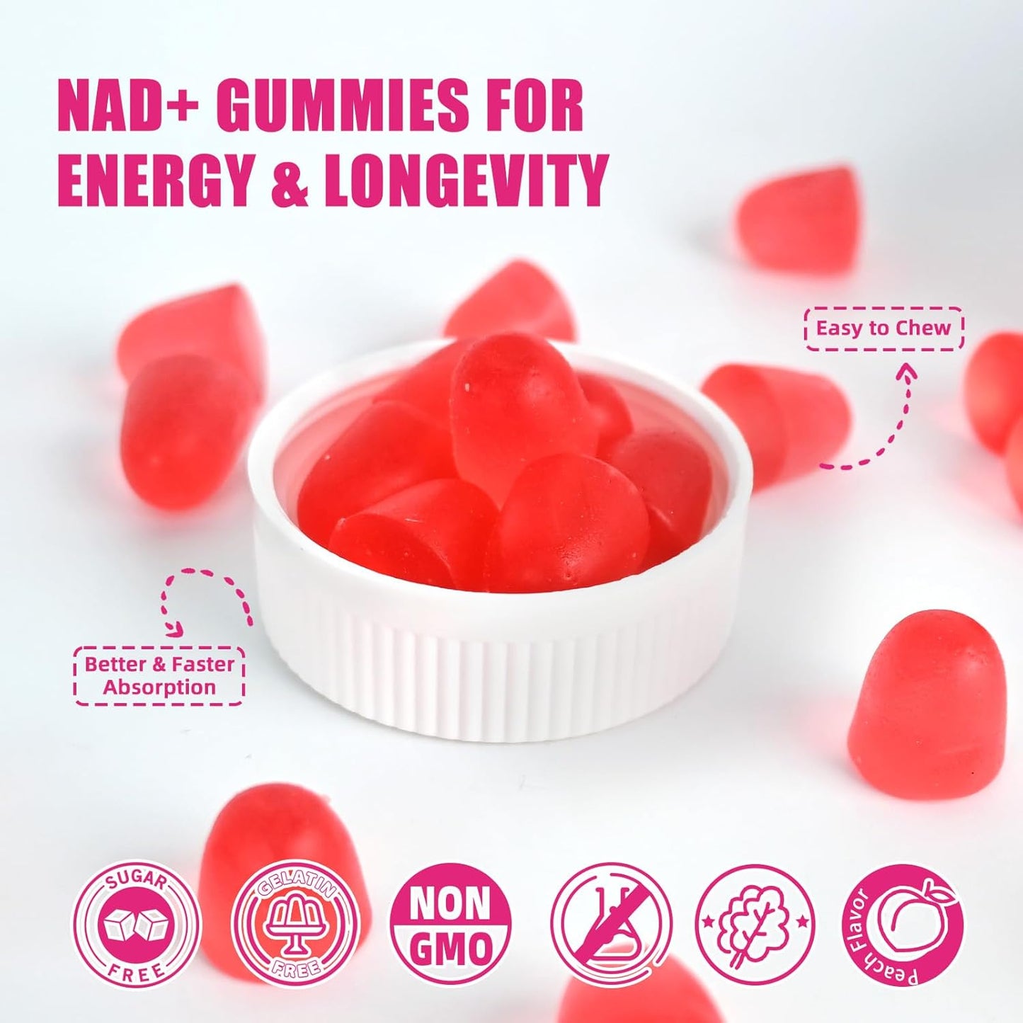 NAD+ Gummies for Women 1000MG - Sugar Free Vitamin B3 Supplement with TMG for Anti-Aging & Energy Boost - Peach Flavor - 60 Count