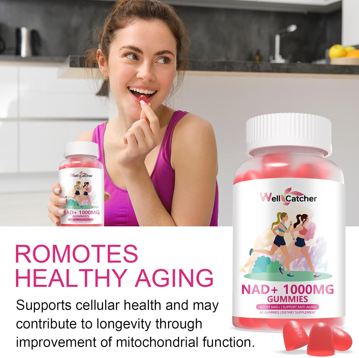 NAD+ Gummies for Women 1000MG - Sugar Free Vitamin B3 Supplement with TMG for Anti-Aging & Energy Boost - Peach Flavor - 60 Count