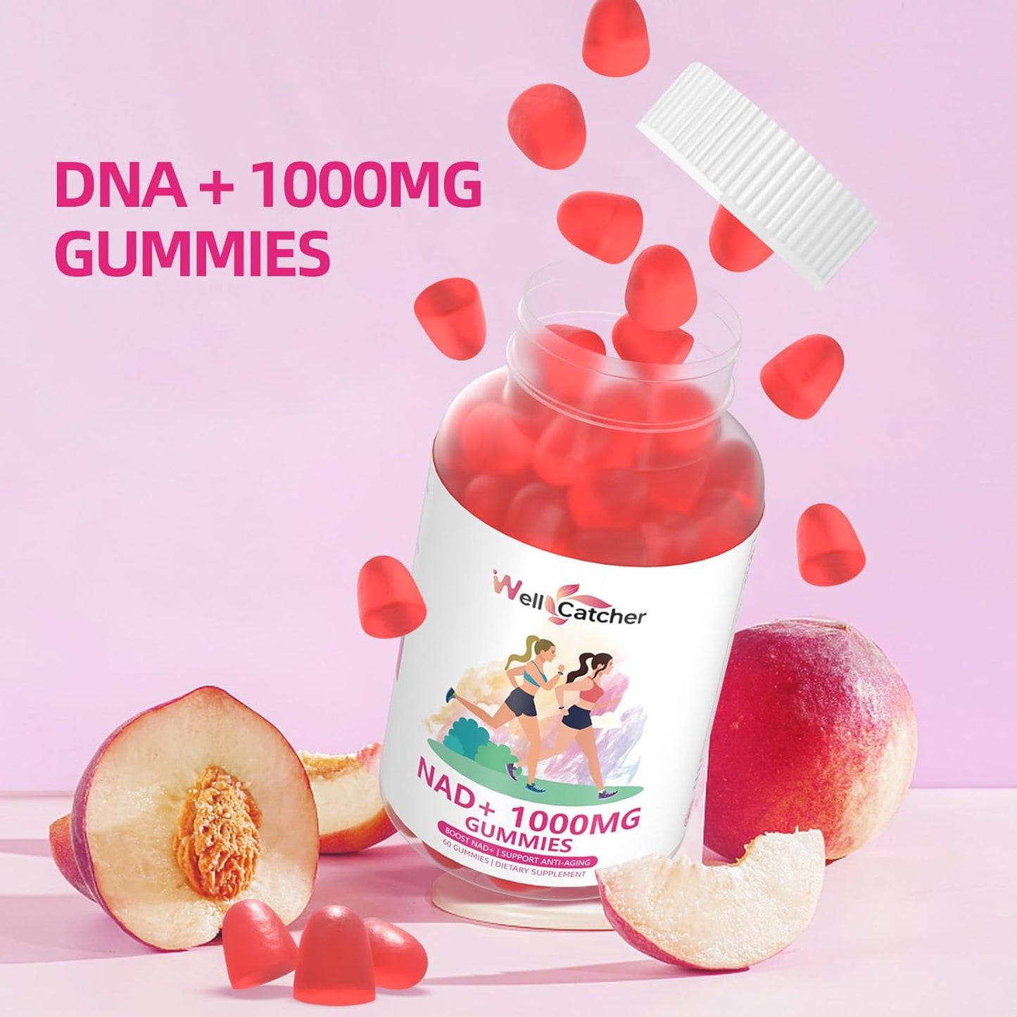 NAD+ Gummies for Women 1000MG - Sugar Free Vitamin B3 Supplement with TMG for Anti-Aging & Energy Boost - Peach Flavor - 60 Count