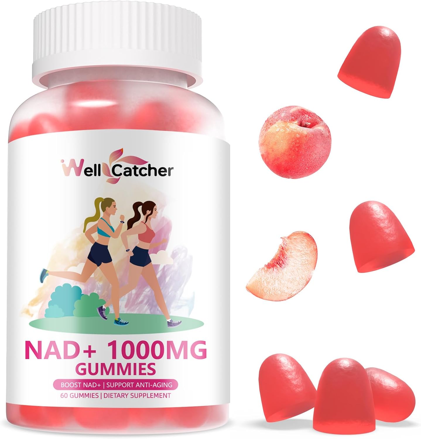 NAD+ Gummies for Women 1000MG - Sugar Free Vitamin B3 Supplement with TMG for Anti-Aging & Energy Boost - Peach Flavor - 60 Count