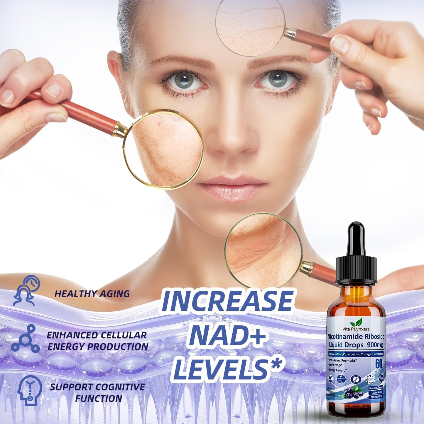 NAD Plus Supplement for Anti-Aging & Energy - 2 Pack NAD Nicotinamide Riboside Resveratrol 900mg Liquid Formula with Collagen & Biotin - Men & Women's Health & Longevity