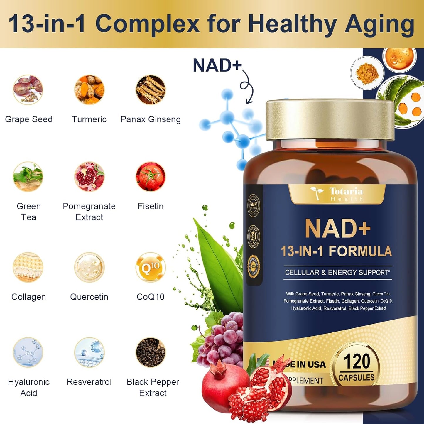 NAD Plus Supplement with NR, Resveratrol, Quercetin, Betaine - Boost NAD+ Levels for Anti-Aging, Energy, Immune Support - 120 Capsules for Men and Women