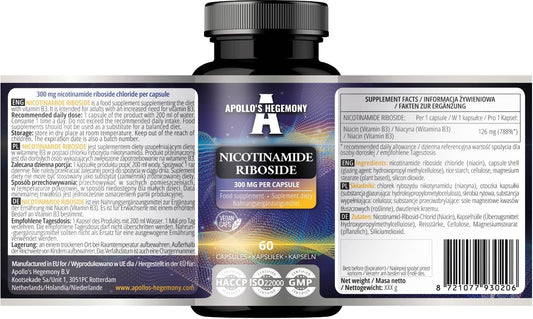 NAD+ Precursor Nicotinamide Riboside (NR) 300mg - Energy Metabolism Support - 60 Vegan Capsules - Vitamin B3 Supplement - Reduce Tiredness - 2 Month Supply