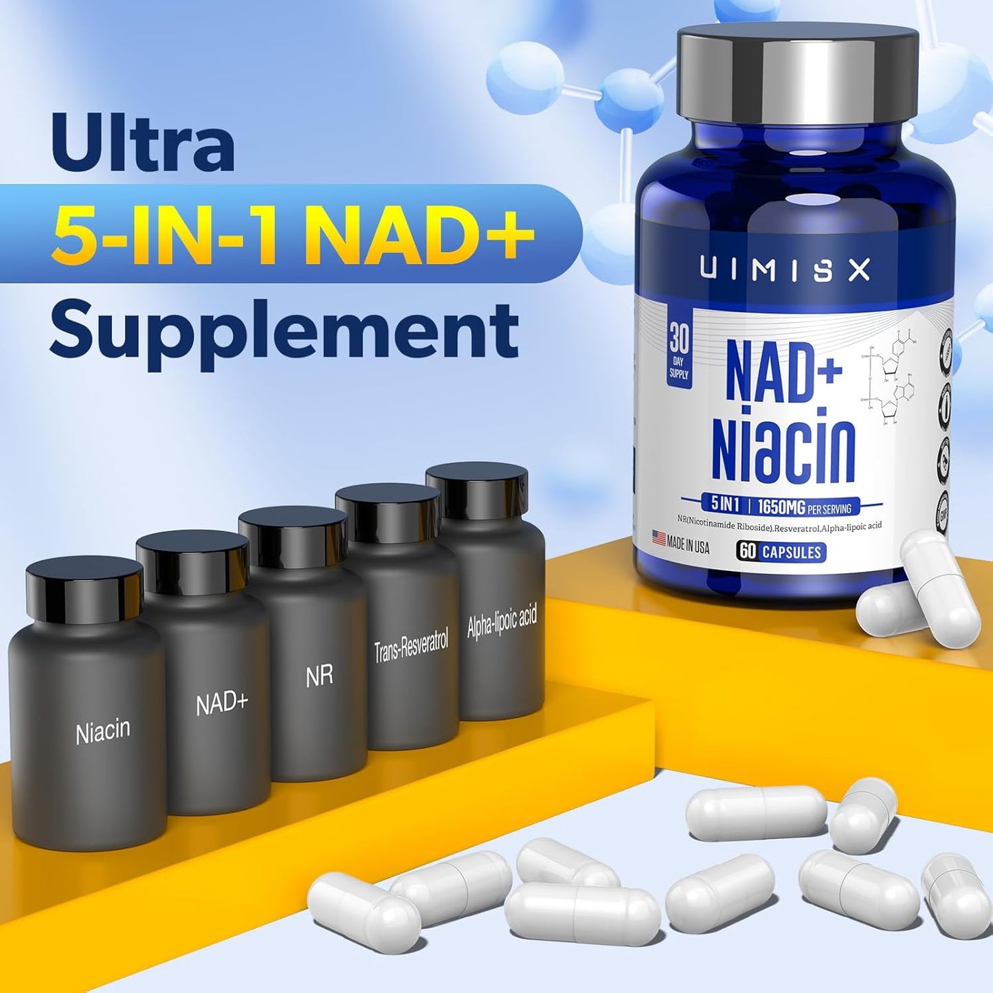 NAD+ Supplement 1000mg & Niacin (Vitamin B3) 500mg - Nicotinamide Riboside (NR) for Energy, Anti-Aging, Brain, and Muscle Support - Non-GMO, Gluten-Free - Men and Women