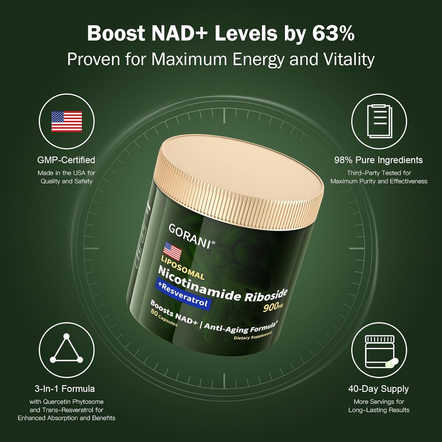 NAD+ Supplement 900mg - Boost Cellular Energy & Anti-Aging with Nicotinamide Riboside and NMN (80 Capsules)