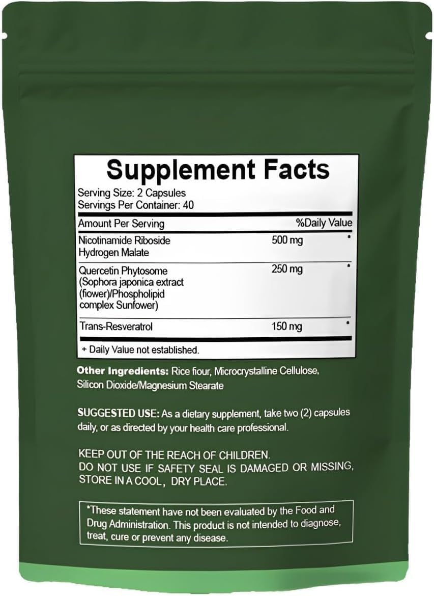 NAD+ Supplement with Nicotinamide Riboside, Resveratrol, and Quercetin for Energy and Focus - 80 Capsules