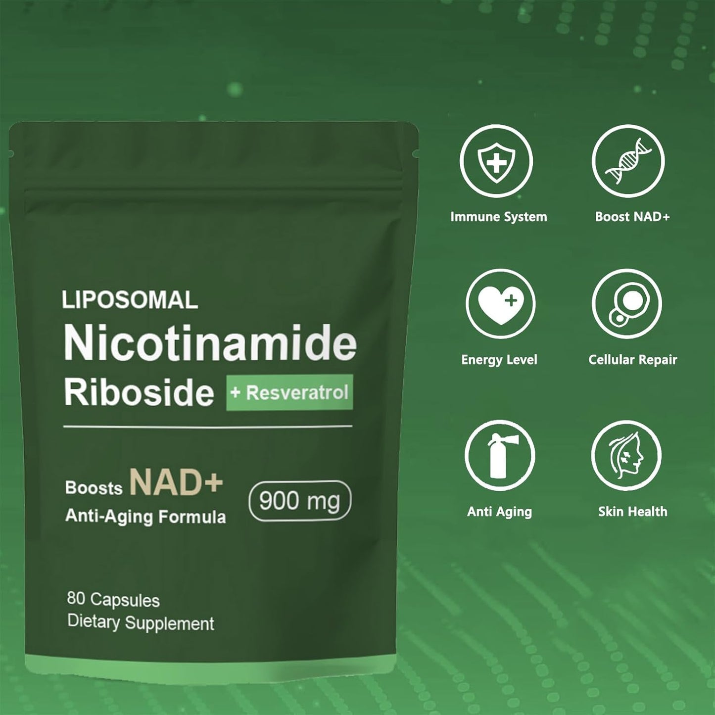 NAD+ Supplement with Nicotinamide Riboside, Resveratrol, and Quercetin for Energy and Focus - 80 Capsules