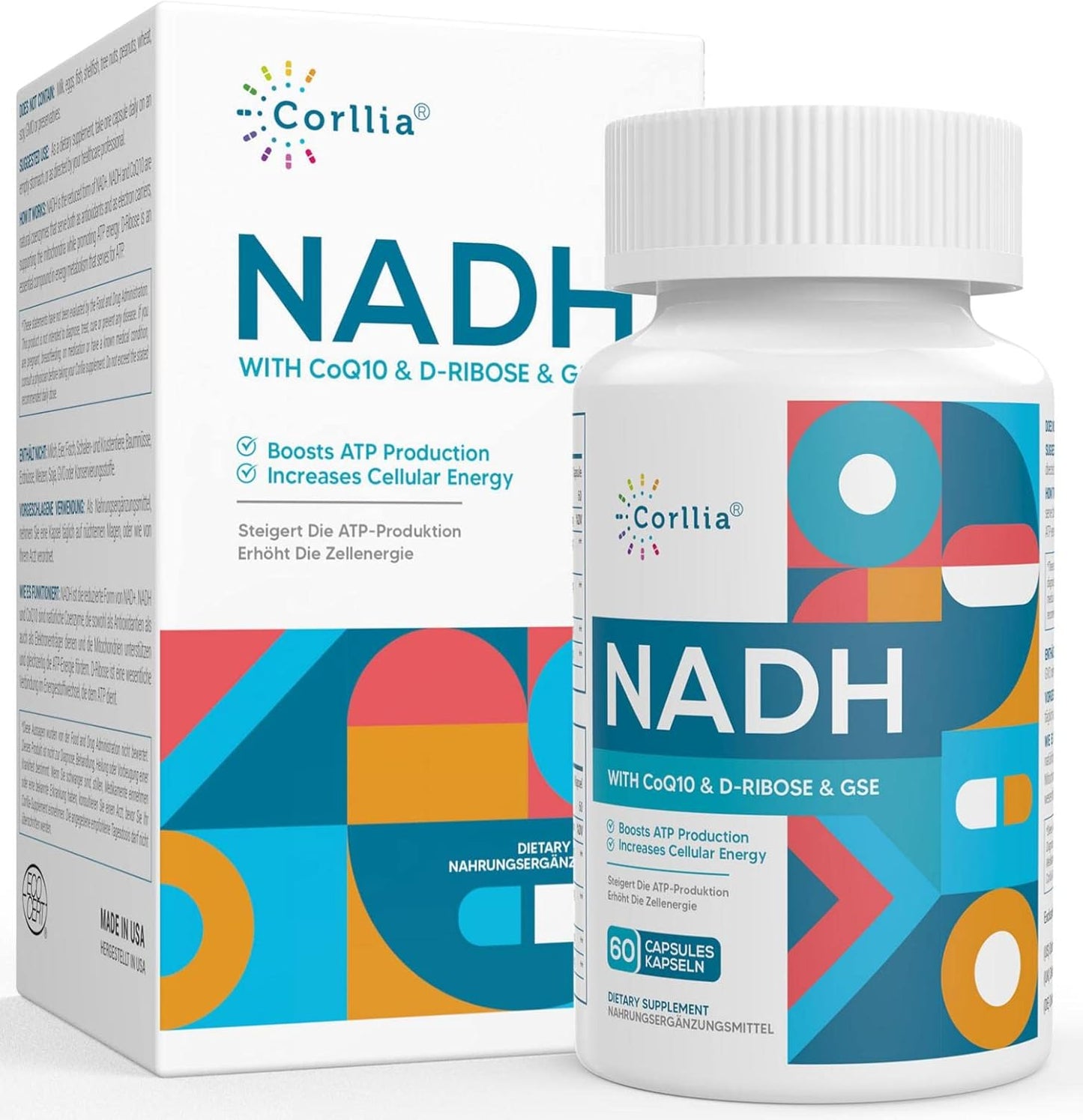 NADH CoQ10 D-Ribose Supplement for Energy and Fatigue Support, 60 Capsules
