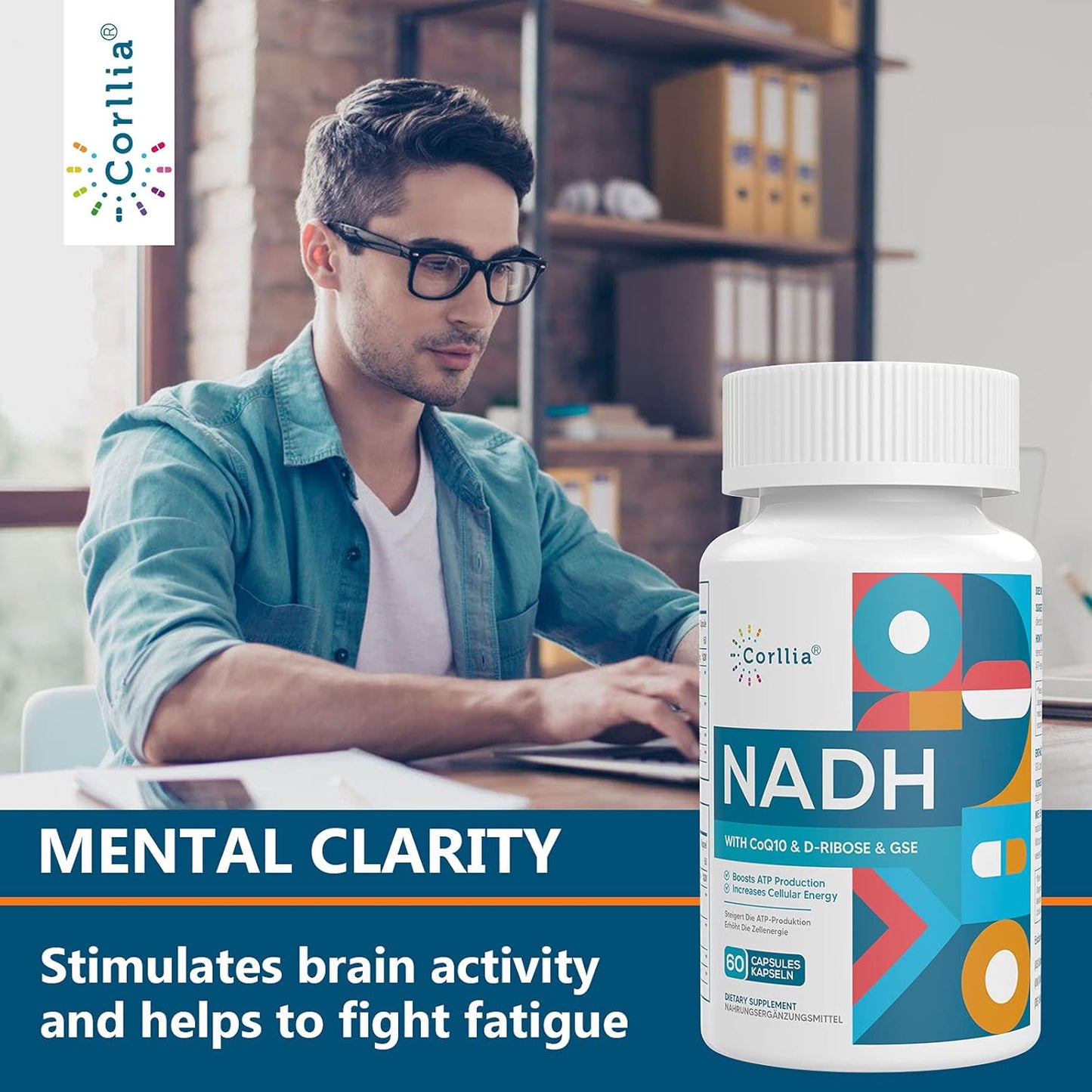 NADH CoQ10 D-Ribose Supplement for Energy and Fatigue Support, 60 Capsules