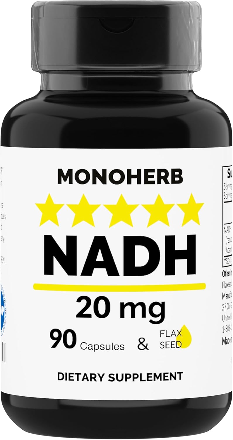 NADH Supplement 20mg - 90 Vegetarian Capsules - Monoherb Reduced Nicotinamide Adenine Dinucleotide