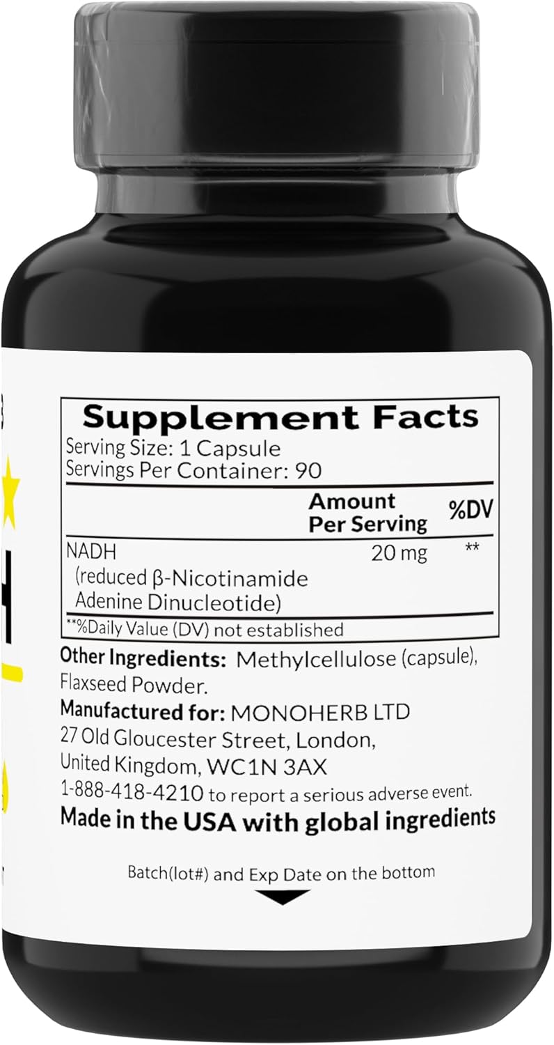 NADH Supplement 20mg - 90 Vegetarian Capsules - Monoherb Reduced Nicotinamide Adenine Dinucleotide
