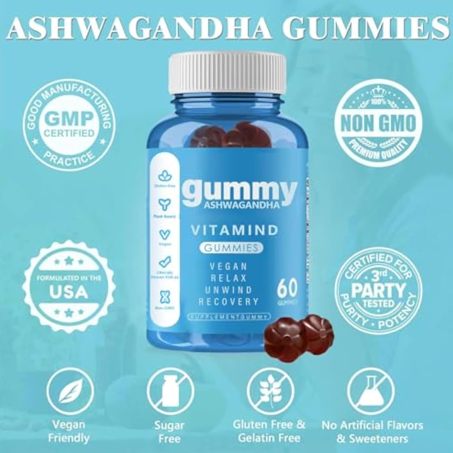 Nainur Ashwagandha Gummies Mixed Berry - 60 Count, KSM-66, Vegan, Plant-Based, Non-GMO, Gluten-Free & Gelatin-Free Relaxation Support